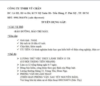 CÔNG TY TRÁCH NHIỆM HỮU HẠN VŨ CHÂN tuyển dụng
