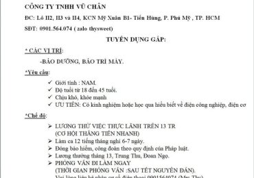 CÔNG TY TRÁCH NHIỆM HỮU HẠN VŨ CHÂN tuyển dụng